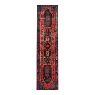 1960s Vintage Persian Distressed Red Handmade Geometric Wool Runner For Sale