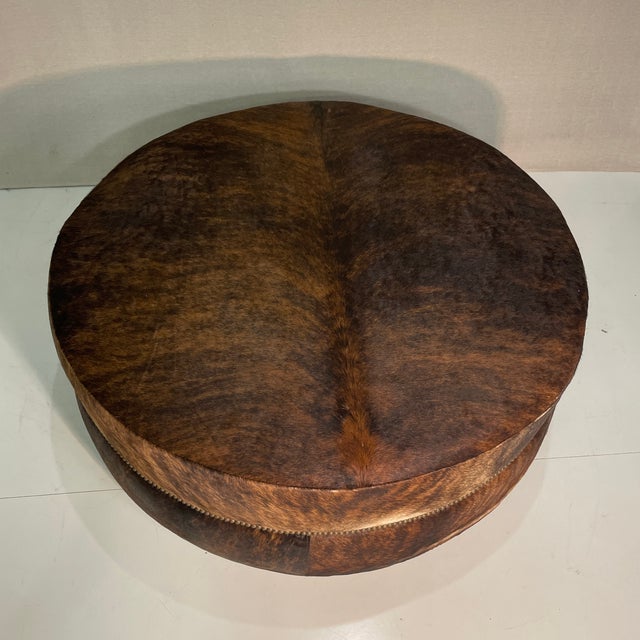 Contemporary Oversized Round Hide Ottoman For Sale - Image 3 of 12