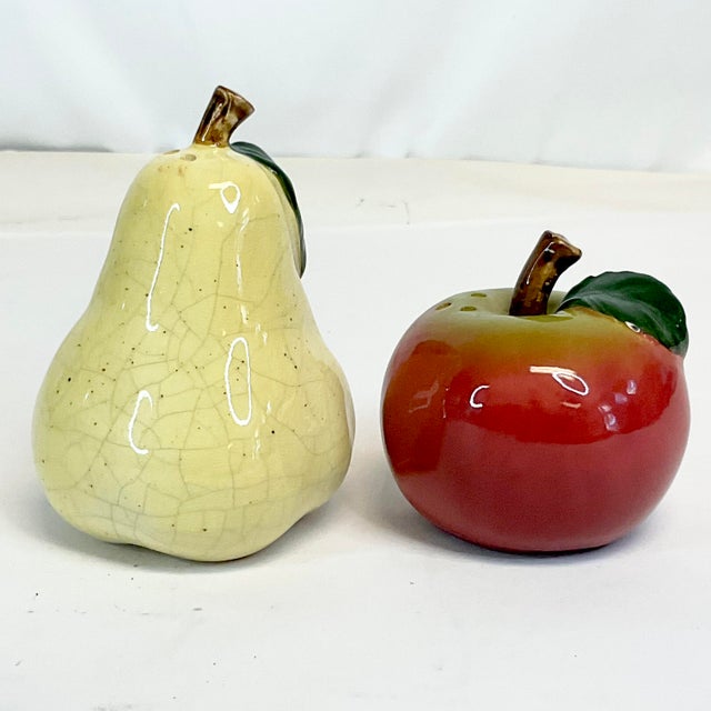 1980s Vintage Portuguese Arts & Crafts Majolica Pear & Apple Salt and Pepper Shakers. For Sale - Image 4 of 8