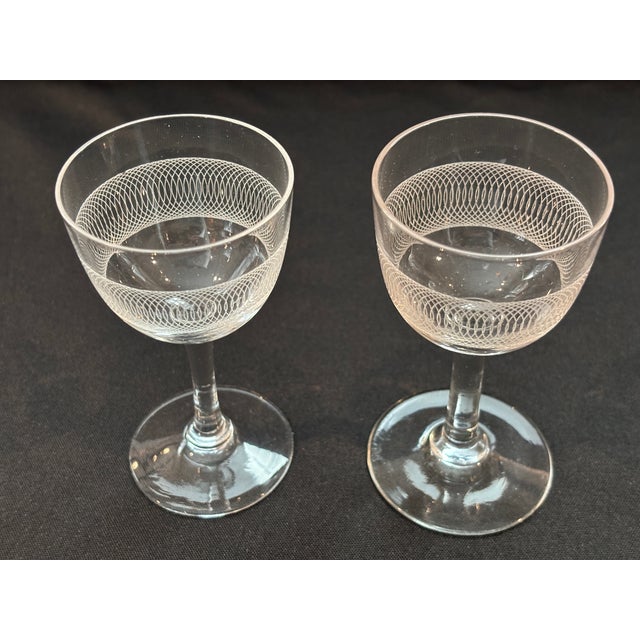 Pair (2) Small Vintage Wheel-etched Cordial Glasses; Ca 1920s Edwardian-style delicate glasses • Distinctive needle-etched...