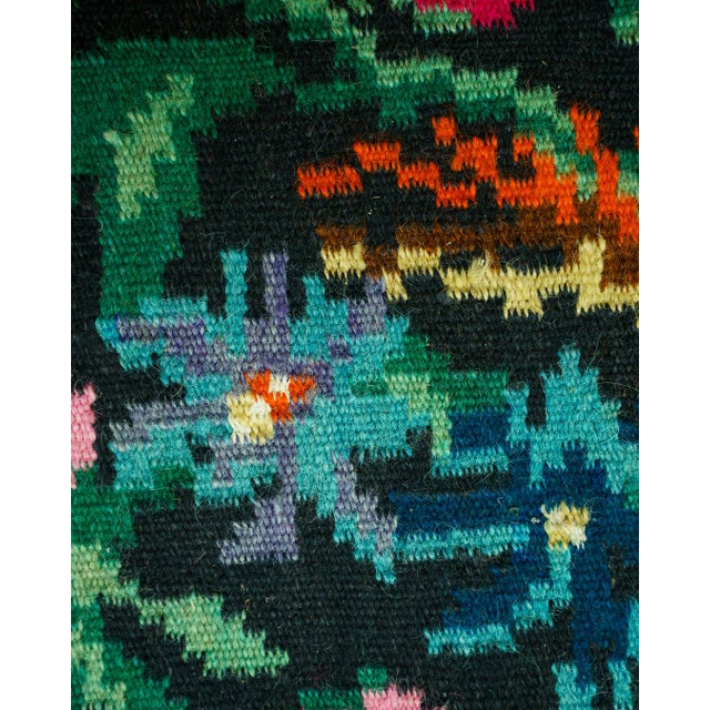 Vintage Romanian-Moldovan Bessarabian-Style Handwoven Wool Rug with Dark Floral Folk Pattern, Blue Field, and Fringe, 1970s For Sale - Image 6 of 10