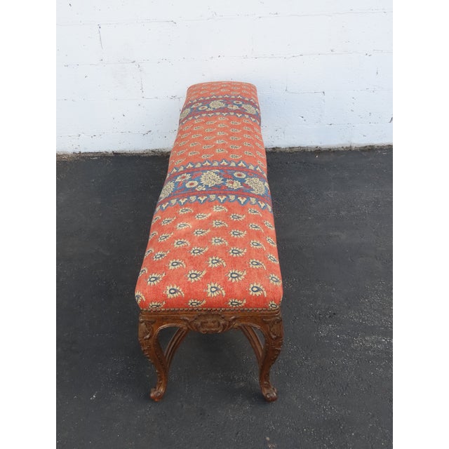 Brown French Heavy Carved Extra Long Upholstered Bed End Hallway Bench 6923 For Sale - Image 8 of 18