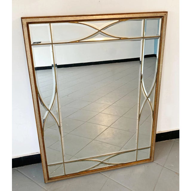 Large Mirror with Wooden Frame, Brass Details & Lozenge Design, 1940s For Sale - Image 9 of 9