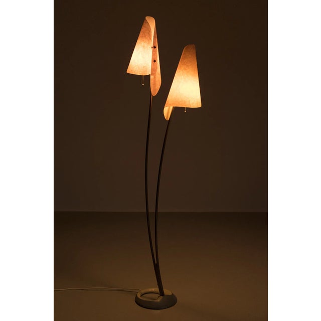 Wonderful organically shaped floor lamp with two polyester shades. The two lamps can be turned on and off separately. Has...