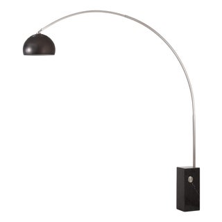 95" Iconic Half Dome Floor Lamp by Nova of California - Black Marble Base, Satin Nickel Body Finish, Black Nickel, Dimmable For Sale
