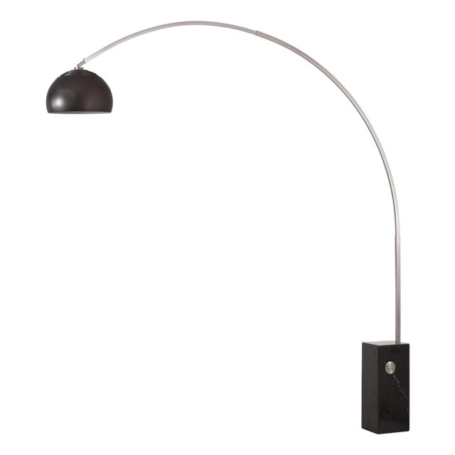95" Iconic Half Dome Floor Lamp by Nova of California - Black Marble Base, Satin Nickel Body Finish, Black Nickel, Dimmable For Sale