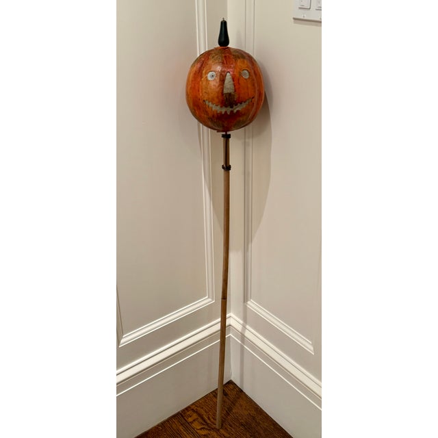 American Vintage Metal Pumpkin Head Lantern on Wooden Pole For Sale - Image 3 of 12