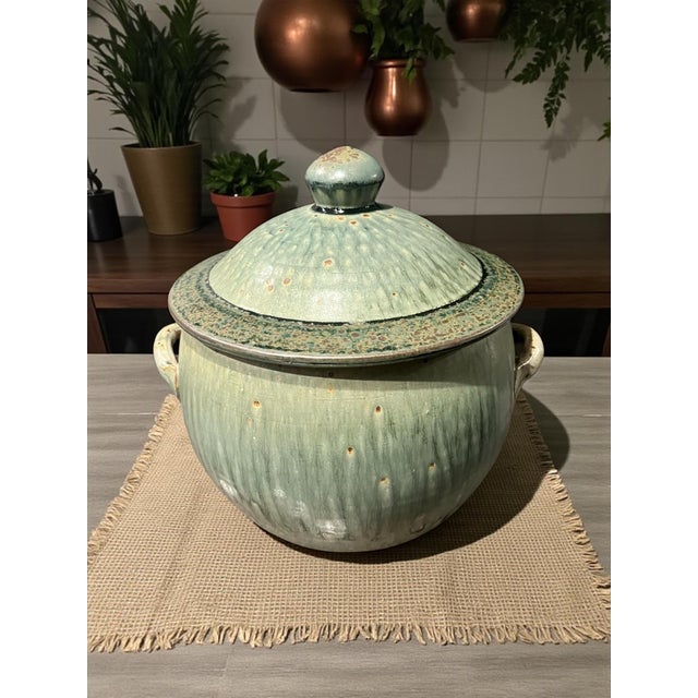 Brad Tucker Cedar Creek Pottery-Nc-Lidded Jar-Celadon Green Drip Glaze-Stoneware For Sale - Image 4 of 11