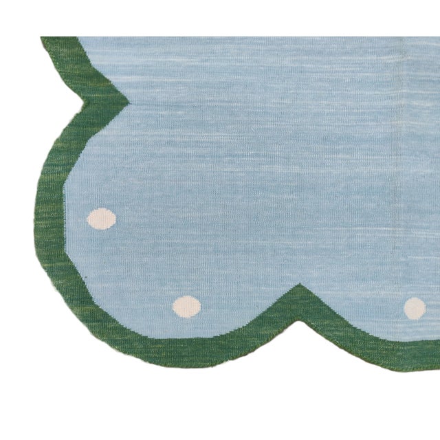 Handmade Cotton Scalloped Rug Reversible Sky Blue and Forest Green Dhurrie-8'x10' For Sale - Image 10 of 10