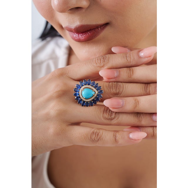 Not Yet Made - Made To Order 14k Yellow Gold 8.41ct Turquoise, Blue Sapphire & Diamond Floral Art Deco Ring Size 4 For Sale - Image 5 of 18