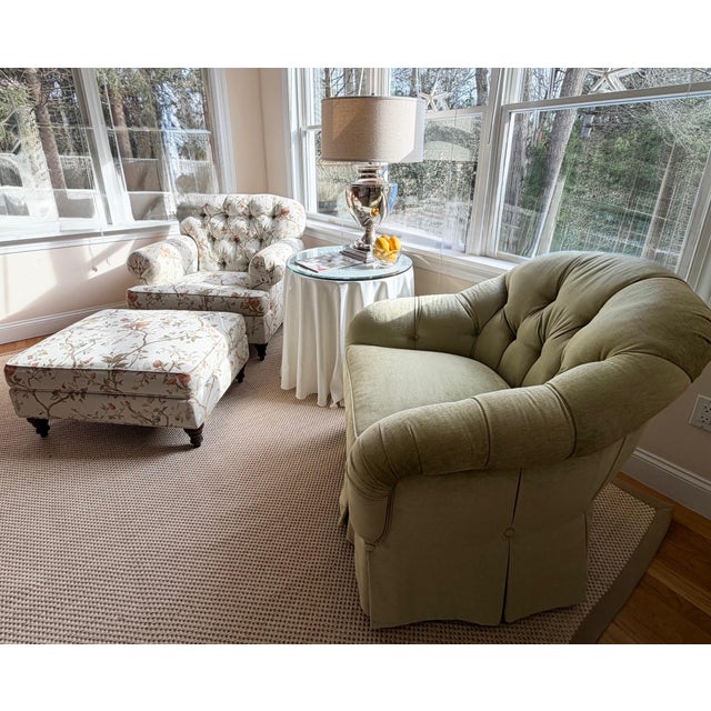 Wood Custom Tufted Scalamandre Light Blue Floral Lounge Chair and Ottoman For Sale - Image 7 of 18