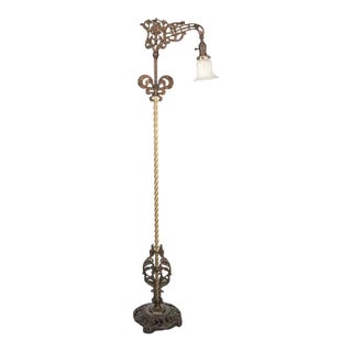 Mid 20th Century Art Nouveau Cast Iron Bridge Ruffled Glass Shade Floor Lamp For Sale
