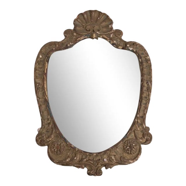 Antique Giltwood Shell Crest Shield Wall Mirror For Sale