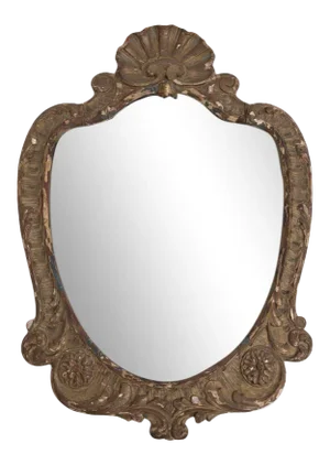 Antique Giltwood Shell Crest Shield Wall Mirror