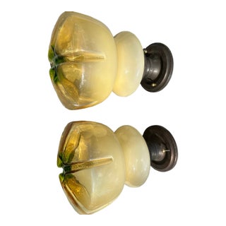 Vintage Murano Mazzega Shades on Vintage Brass Flush Mount Fixtures - a Pair For Sale