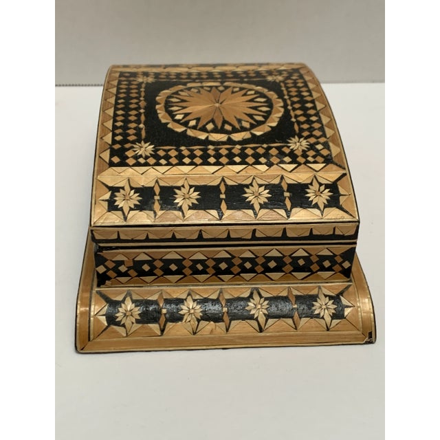 Vintage handmade folk art decor or jewel box in black and tan wood inlay geometric design pattern. Velvet lined interior....