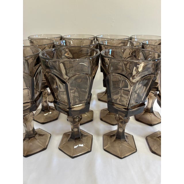 Mid 20th Century Vintage Fostoria Smoke Glass Goblets, Octagonal Paneled Design - Set of 12 For Sale - Image 5 of 9