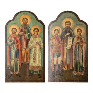 Pair of Antique Original Painted Russian Icons Painted on Wood Panels, Circa 1900's For Sale