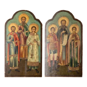 Pair of Antique Original Painted Russian Icons Painted on Wood Panels, Circa 1900's