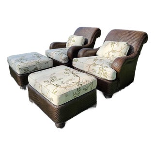 Mark Hampton for Hickory Chair Woven Lounge Chairs & Ottomans in Colefax & Fowler—Set of 2 For Sale