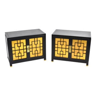 Pair Midcentury Modern Black Lacquer End Cabinets Nightstands Gold Leaf Doors For Sale