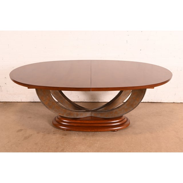 Wood Henredon Art Deco Ash and Burl Wood Parquet Top Pedestal Extension Dining Table, Newly Refinished For Sale - Image 7 of 15