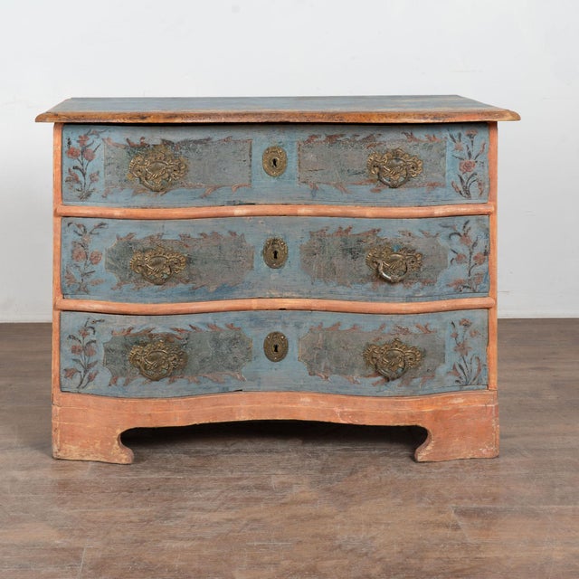 Rococo Late 18th Century Danish Pine Original Blue Painted Chest of Three Drawers For Sale - Image 3 of 14