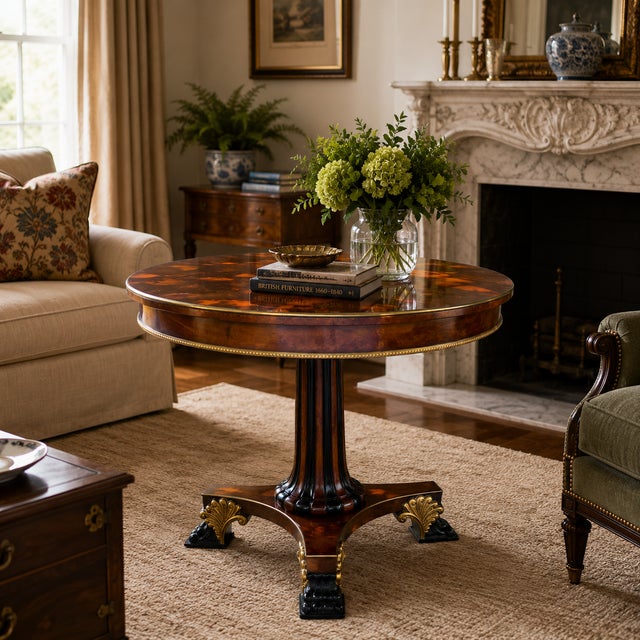 This elegant Italian center table by Rho Mobili D’Epoca (Cabiate, Italy) showcases classic craftsmanship with a touch of...