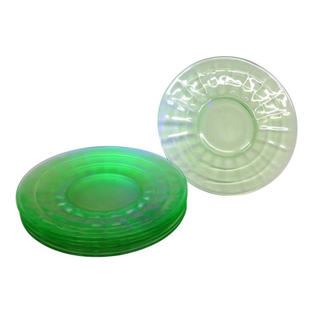 Early 20th Century Anchor Hocking Uranium Depression Glass Plates Block Optic Green - 6pc For Sale