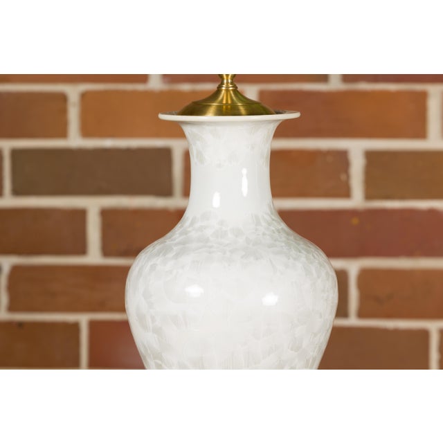 Pair of White Porcelain Vase Table Lamps on Lucite Bases with Textured Décor For Sale - Image 10 of 12