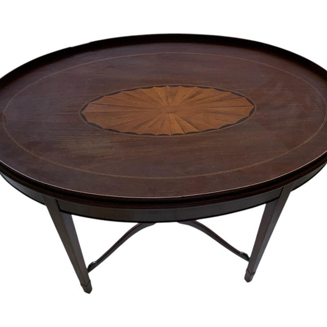 Traditional Antique English Edwardian Mahogany & Satinwood Marquetry Oval Occasional Table England C. 1900 For Sale - Image 3 of 11
