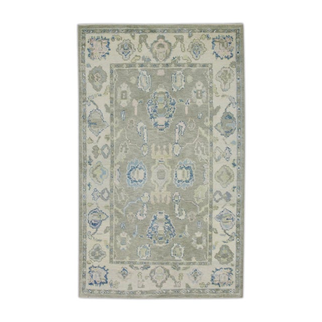 Textile Early 21st Century Green & Blue Floral Design Handwoven Wool Turkish Oushak Rug 3'10" X 6'6" For Sale - Image 7 of 7