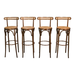 1960s Bentwood Cane Bar Stools in the Thonet Style- Set of 4 For Sale