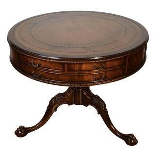 1900s Vanleigh Co. Ny English Chippendale Mahogany & Leather Top Round Center Table / Hall Table For Sale