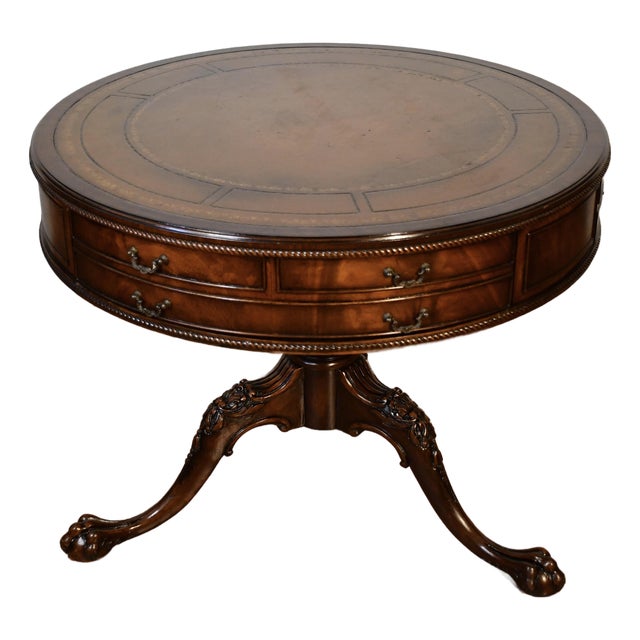 1900s Vanleigh Co. Ny English Chippendale Mahogany & Leather Top Round Center Table / Hall Table For Sale