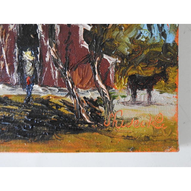 Late 20th century oil on canvas painting of farmyard with red barn and mule by Ahuva Shweiki (20th century) Texas. Signed...