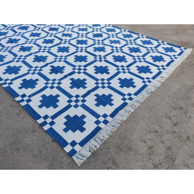Casa Cosima Handmade Cotton Rug, Indigo Blue And White Star Pattern Striped and Cream Fringe - 8'x10' For Sale - Image 4 of 10