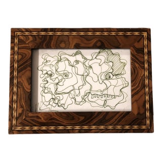 Original Vintage Wayne Cunningham Small Abstract Green Ink Drawing Burled Wood Frame For Sale