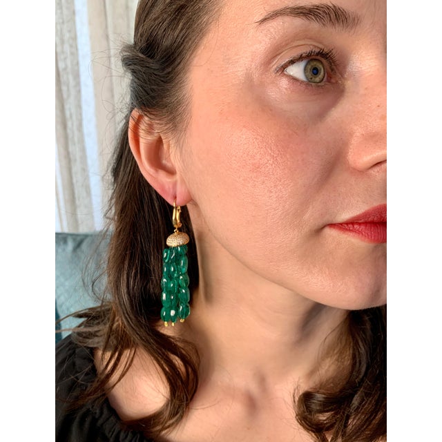 150 Carat Emerald Beads and Diamond Hanging/ Drop Earrings 14 Karat Yellow Gold For Sale - Image 9 of 18