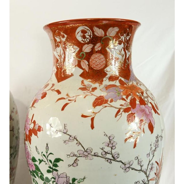 Antique Japanese Satsuma Porcelain Floor Vases with Bird and Blossom Decoration, Set of 2 For Sale - Image 4 of 10