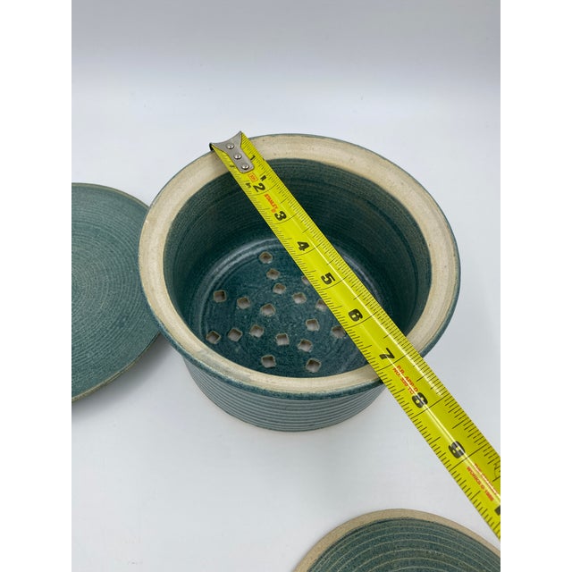 Ceramic Vintage Studio Pottery Covered Berry Bowl With Lid and Drip Plate, Blue Green Ceramic Colander, Signed Handmade Produce Keeper For Sale - Image 7 of 13
