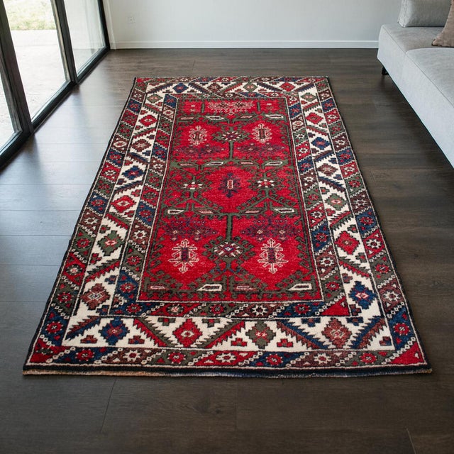 Mid-Century Modern 1960s Authentic Turkish Rug, Red & Indigo Wool Carpet, Hand-Spun Anatolian Rug, Sustainable Antique Rug For Sale - Image 3 of 16