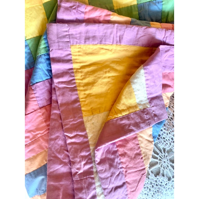 Vintage Hand Stitched Multicolor Square Patches Quilt 89” X 81” For Sale - Image 11 of 12