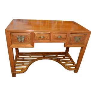Vintage Elm Wood Chinese Asian Desk With 4 Drawers & Curved Lattice Lower Shelf / Accent For Sale