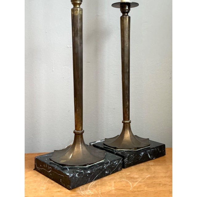Vintage Chapman Brass and Marble Candlestick Lamps - A Pair For Sale - Image 13 of 18