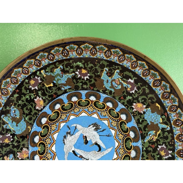 Late 19th Century Monumental Japanese Cloisonne Enamel Charger Cranes Attributed, Hayashi Kodenji For Sale - Image 5 of 18