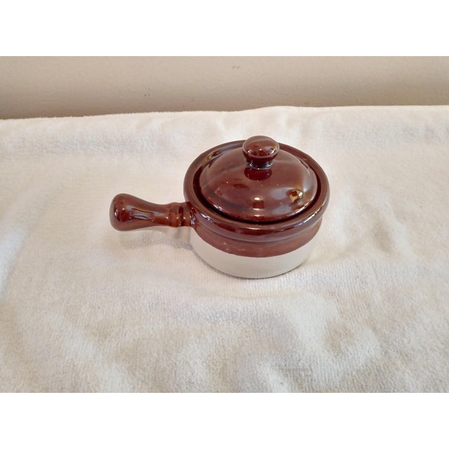 Vintage Stoneware Brown Drip Glaze Bowl With Handle and Lid For Sale - Image 4 of 7