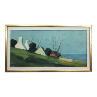 Mid-Century Modern 'Red Cabin by the Shore' Swedish Landscape Oil Painting, Framed For Sale