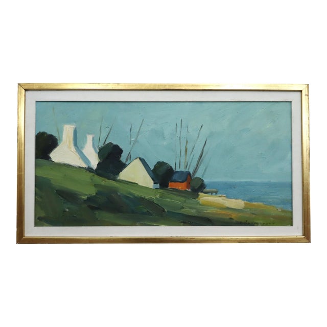 Mid-Century Modern 'Red Cabin by the Shore' Swedish Landscape Oil Painting, Framed For Sale