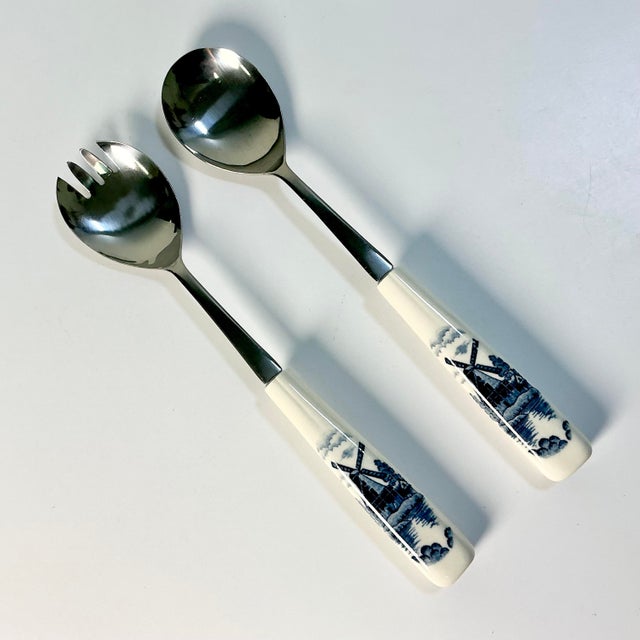 Mid 20th Century Mid 20th Century Boho Chic Gustavian Delft Style Salad Serving Utensils, Stainless Steel - Set of 2. For Sale - Image 5 of 9